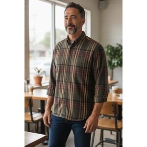 Roundtree & Yorke Portuguese Flannel Shirt Mens Plaid Button Up Green